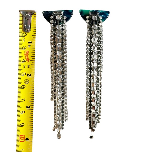 Art Deco Style Rhinestone Fringe Long Green Marbled Acrylic Earrings - Picture 7 of 7